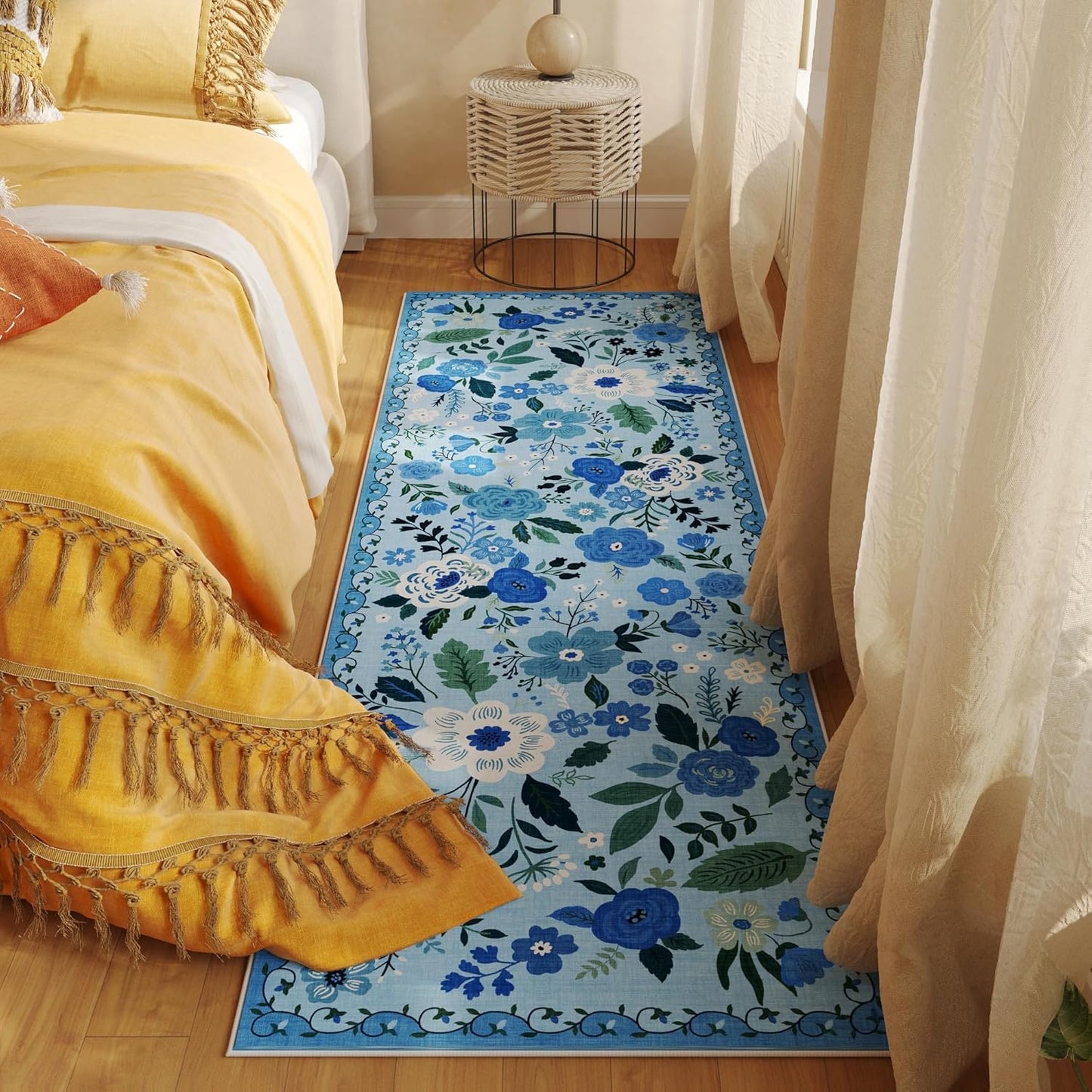 Runner Rug for Hallways Kitchen Rug Non Slip 2'x 6' Washable Runner Rugs with Rubber Backing Soft Floral Carpet Runner for Hallways, Kitchen, Laundry, Bedroom, Bathroom(Blue)