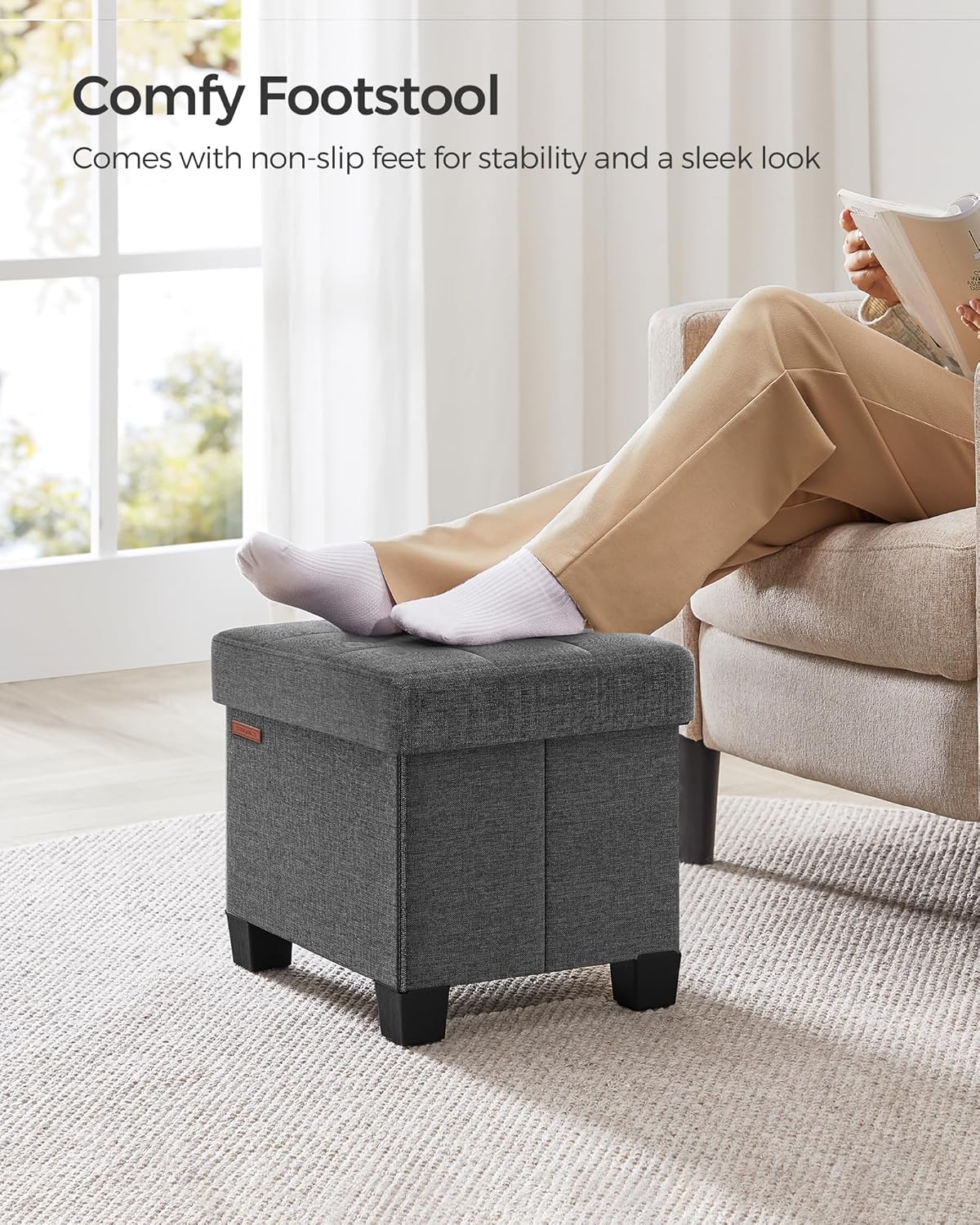 SONGMICS Storage Ottoman, Small Ottoman Foot Rest with Legs, 12.6 x 15.8 x 13.2 Inches Foot Stool, Load up to 660 lb, for Living Room, Bedroom, Dorm, Slate Gray ULSF012G01