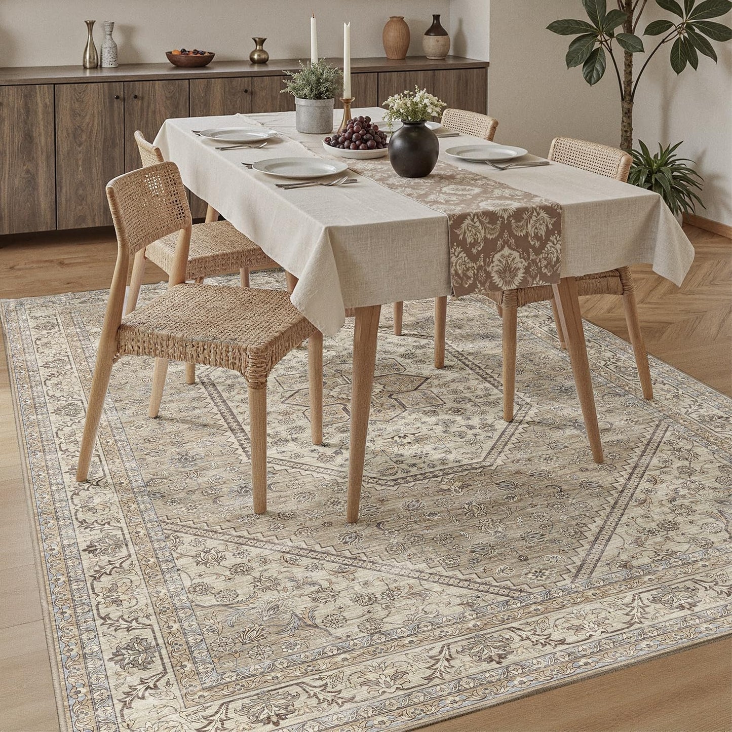 DCX Machine Washable Brown and Beige Area Rug 8x10, Non Slip Stain Resistant Vintage Floral Rug for Living Room Bedroom Nursery, Soft Low Pile Large Carpet