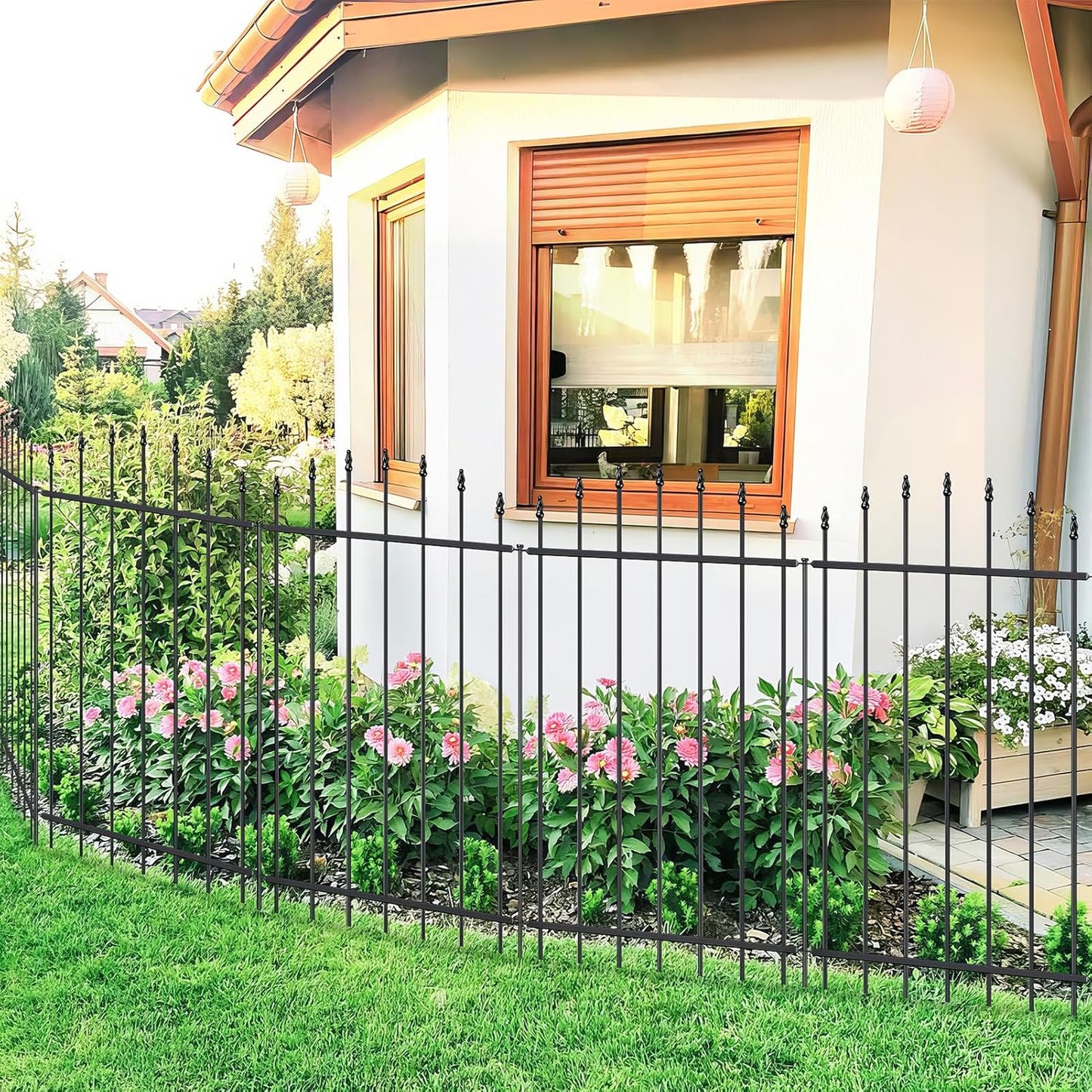 Metal Garden Fence 42 in H x 12 ft L, 6 Panels + 7 Stakes Border Dog Fence Panels Animal Barrier, No Dig Garden Fencing for Yard Patio Flower Bed Lawn Outdoor, Arch Black