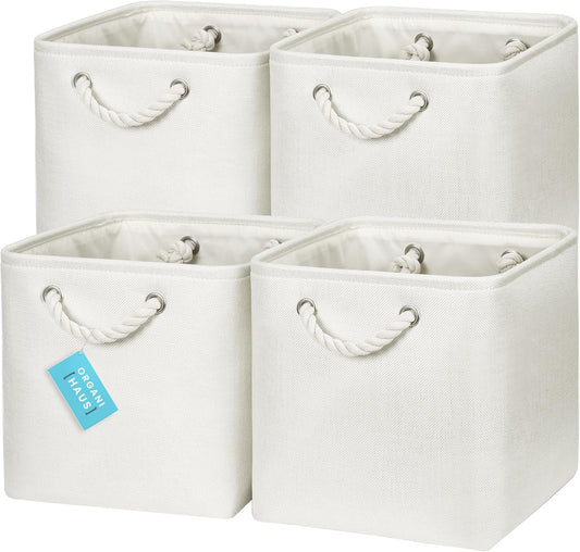 OrganiHaus 11x11 Cube Storage Bins 4 Pack, Foldable Cube Storage Organizer w/ Rope Handles, Collapsible Fabric Bins for Toys, Clothes & Closet Organization, Fabric Square Baskets - Off-White