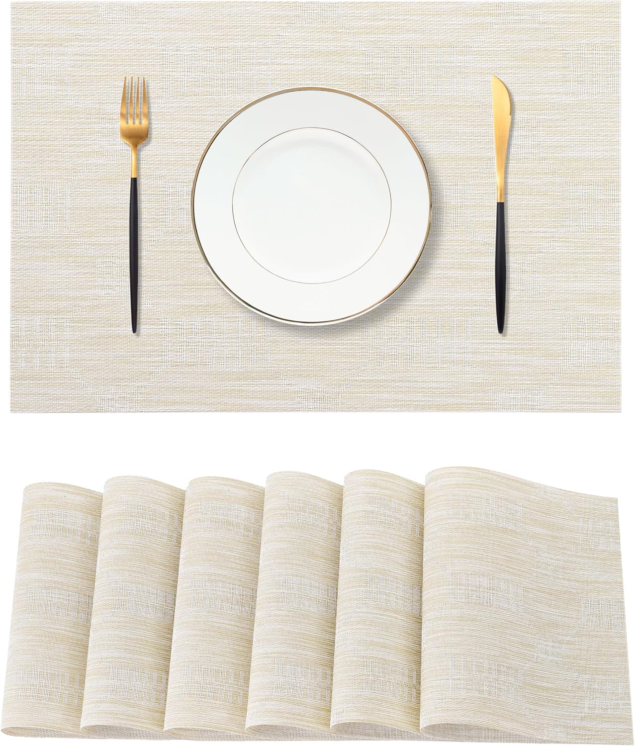 Leetaltree Wheat Placemats Set of 6 - Heat Resistant Non-Slip Place mats for Dining Table, Washable Durable PVC Vinyl Woven Table Mats（Wheat, 6）