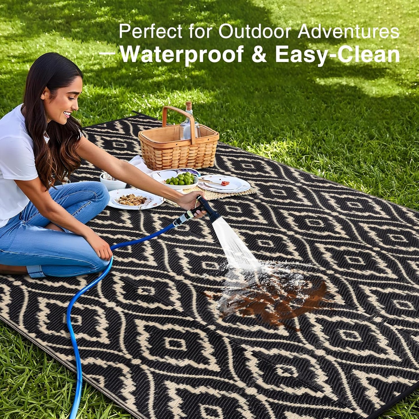 OLANLY Outdoor Rug 6x9 ft Waterproof, Outdoor Plastic Straw Rug with Geometric Pattern Clearance, Reversible RV Mat for Patio, Camping, Balcony, Deck, Backyard, Black & Beige