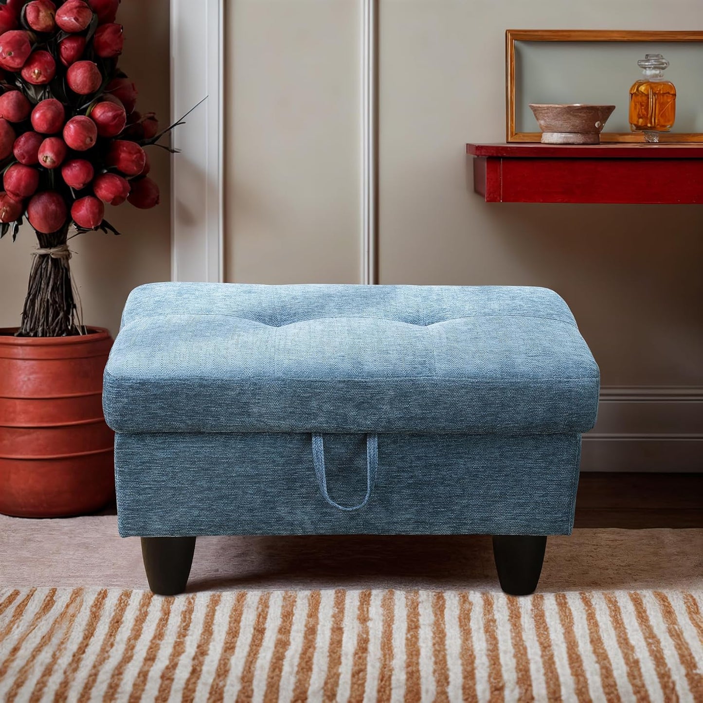 Ottoman Rectangular Storage Ottoman Bench, Flannel Footrest Stool Footstool with Lid for Living Room, Bedroom, Entryway, Light Blue, 28.5"x19"x17.5"