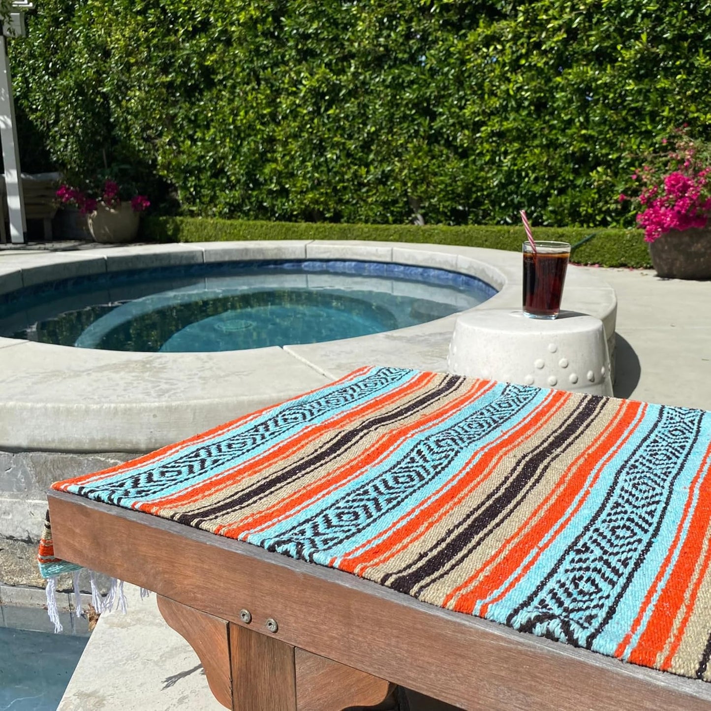 Del Mex Classic Mexican Blanket, Large Authentic Woven Falsa Throw (70"x50"), Artisan Southwest Décor for Beach, Yoga, Outdoors (Mint/Tan/Orange)