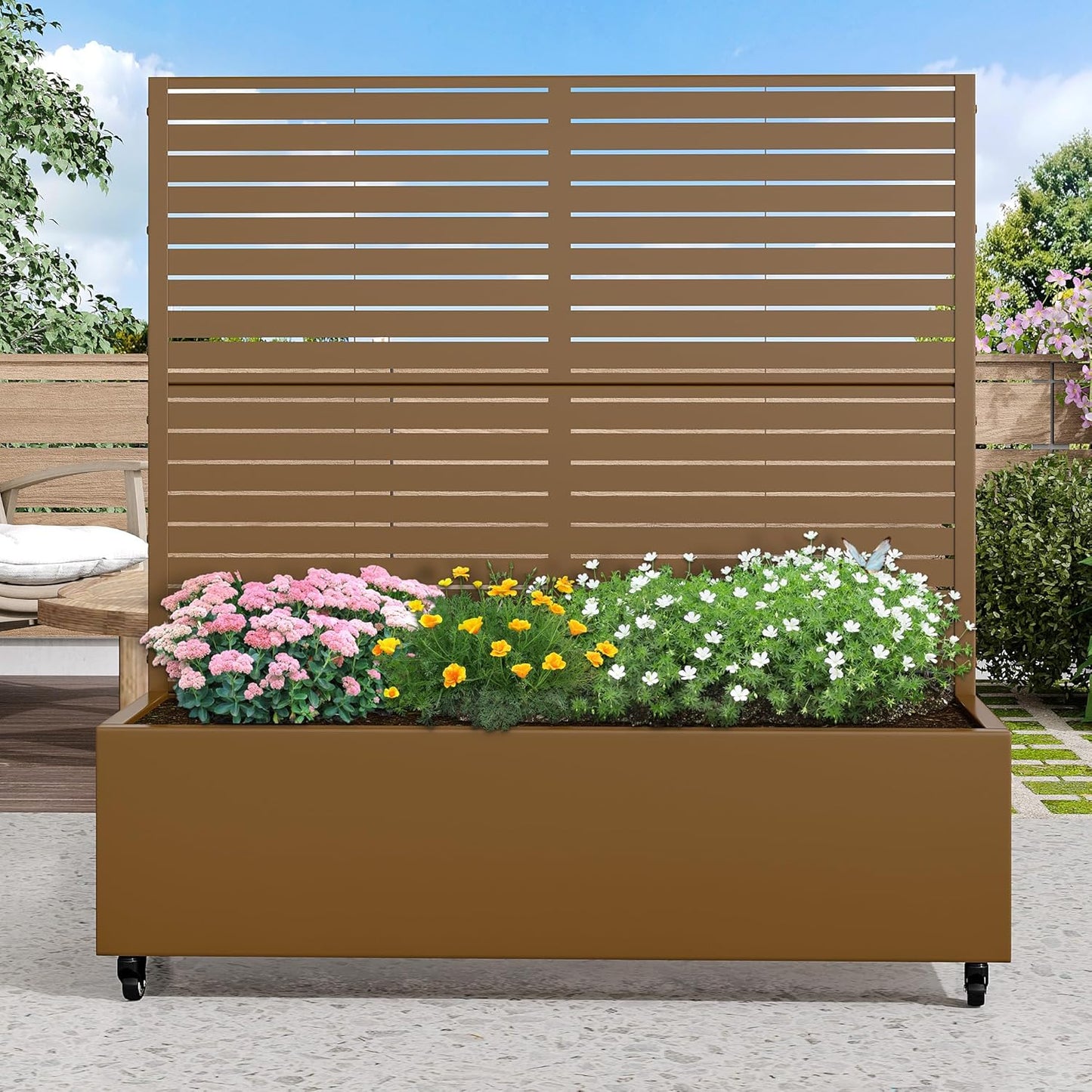 Casaphoria Metal Raised Garden Bed with Trellis and Wheels, 47"x47"x16" Planter Box for Climbing Plants, Vegetables & Vines, Features Drainage Holes and Privacy Screen (Brown-Louvered)