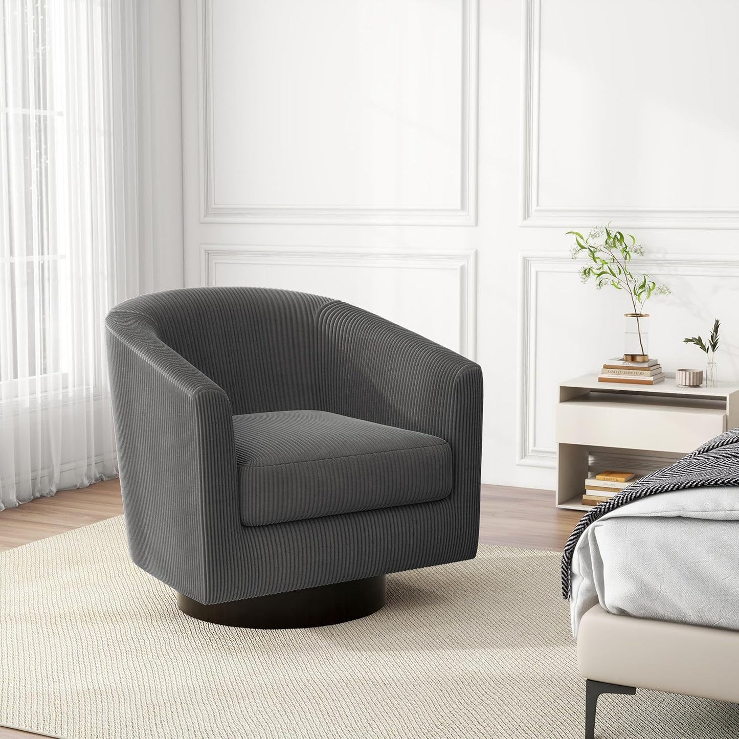 Swivel Barrel Accent Chair, Modern Round Corduroy Fabric Arm Chair for Living Room, Bedroom, Comfy Club Reading Chairs for Adults (Corduroy Grey, Set of 4)