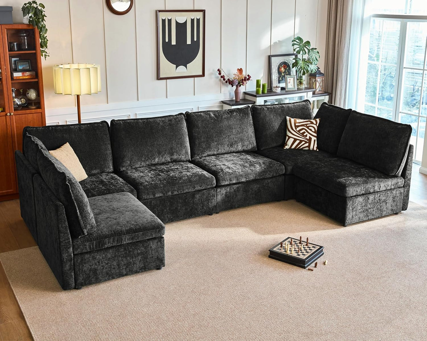 Oversized Modular Sofa Comfy Cloud Couch with Storage, Extra Deep Plush Sectional Sofa Set for Living Room, Covers Washable, Chenille, Olar (Black, 6-Seater with 2 Corners, u-Shaped)