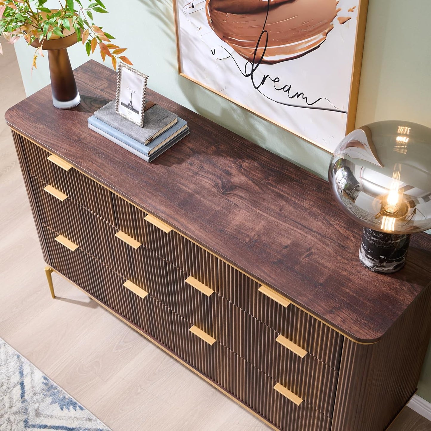 T4TREAM Fluted 7 Drawers Dresser for Bedroom, 54" Wide Modern Dresser TV Stand, Gold Accents, Fluted Fronts, Wood Storage Dressers Organizer for Bedroom, Living Room, Dark Walnut