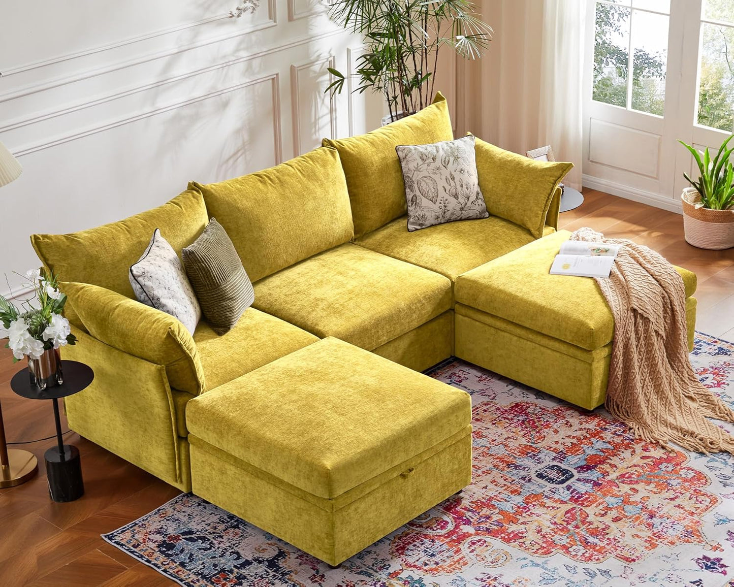 102.6" U Shaped Modular Sectional Sofa, 5 Seater Couch with Storage Ottoman Deep Seat and High Backrest with Removable Cover for Living Room, Apartment - Chenille Yellow