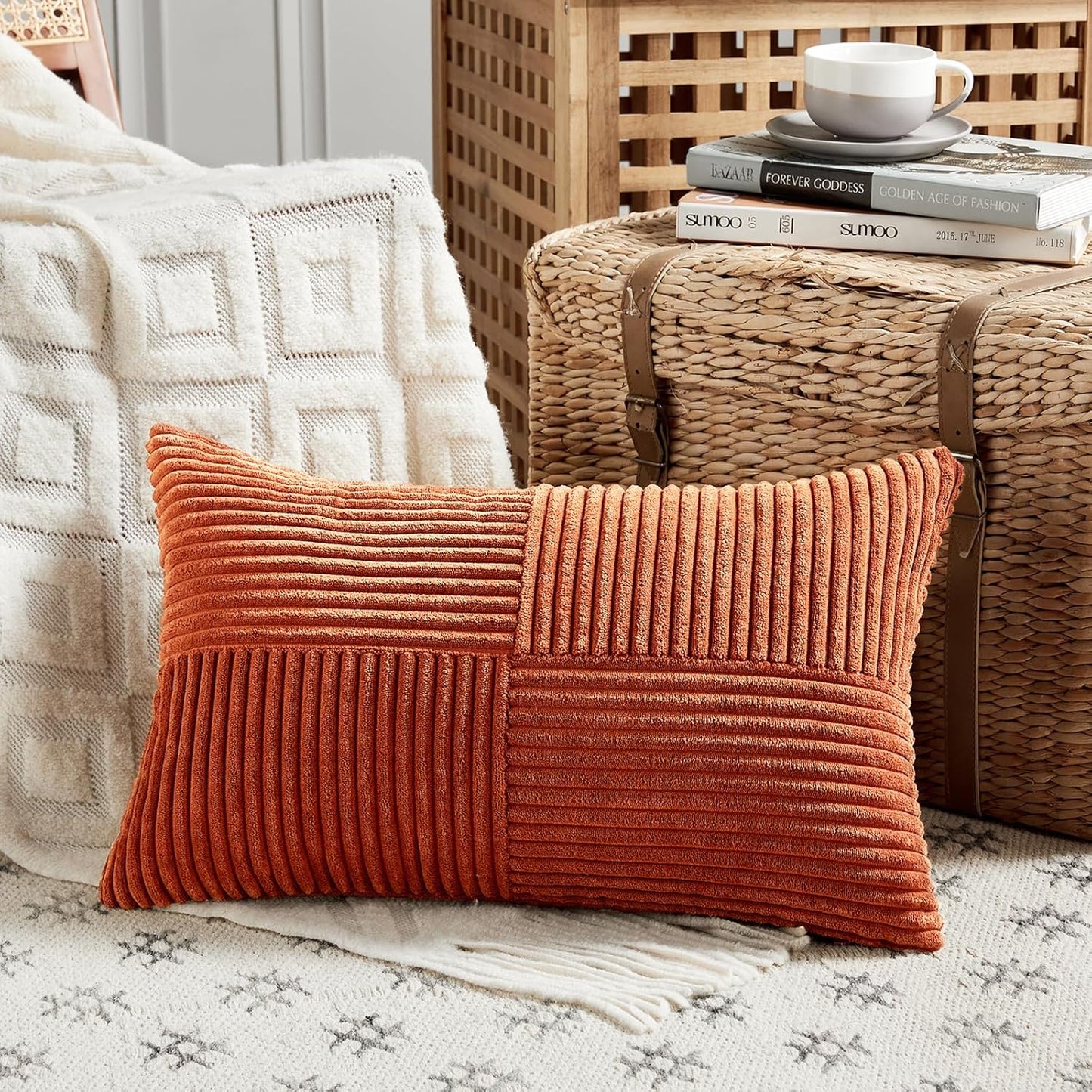 Fancy Homi Set of 2 Burnt Orange Lumbar Decorative Throw Pillow Covers 16x28 Inch for Living Room Couch Bed, Boho Farmhouse Fall Home Decor, Soft Corduroy Corss Patchwork Cushion Case 40x70 cm