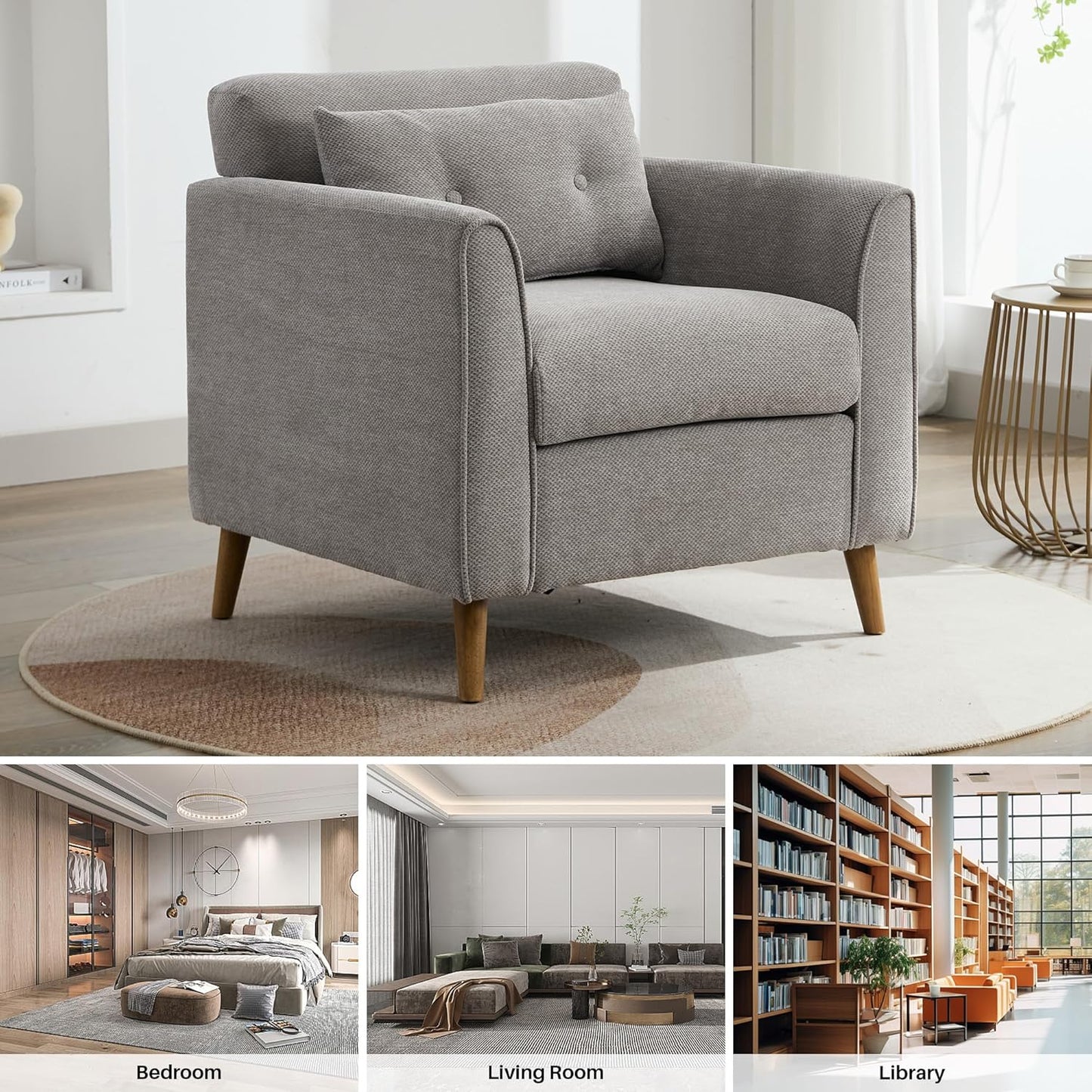 Mid Century Modern Accent Chairs, Chenille Grey Upholstered Armchair,Living Room Chairs with Wooden Legs, Side Single Sofa Chair for Bedroom, Office Cafe Waiting Room Apartment