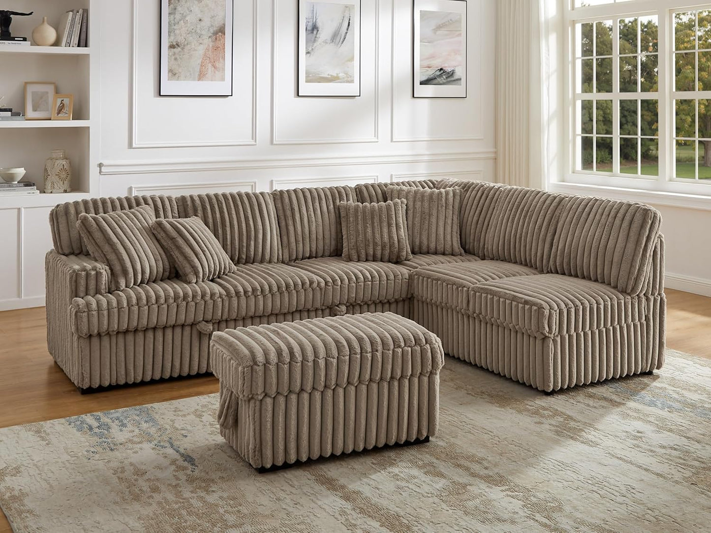 THSUPER 113-Inch Oversized L Shaped Plush Corduroy Fluffy Sectional Sleeper Sofa with Pull Out Bed and Storage Ottoman - Brown