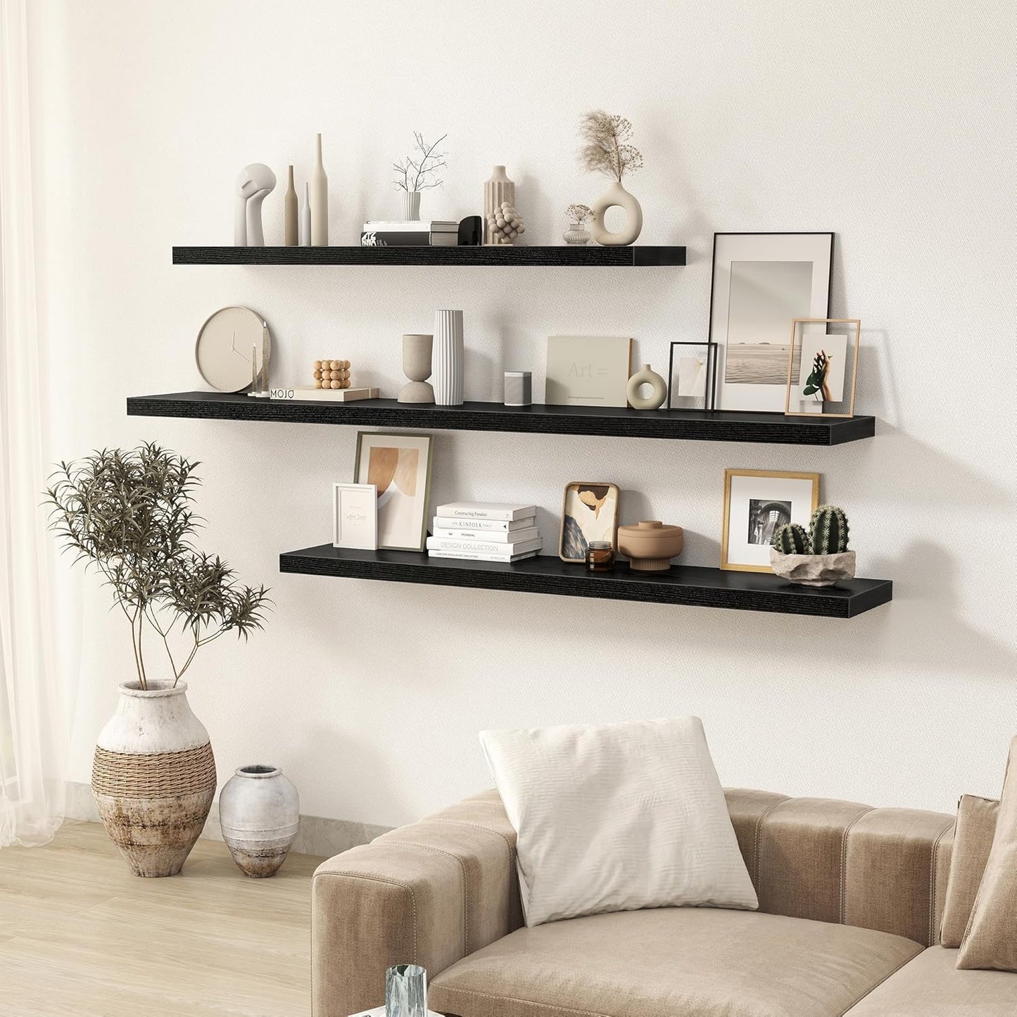 Fun Memories 55 Inch Floating Shelves for Wall 2 Pack Shelves for Bedroom|Kitchen|Bathroom 55 x 9.3 Inch Wood Floating Shelf with Invisible Brackets for Books|Storage|Decor, Black