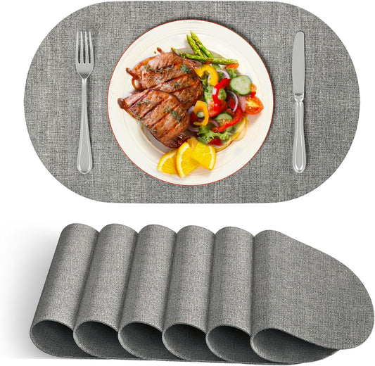 DOLOPL Oval Placemats Set of 6, Gray Faux Leather Heat Resistant Table Mats - Anti Slip Table Place Mats, Washable Wipeable Outdoor Placemats for Kitchen Dining Room Table Decorations(13.8"x21.6")