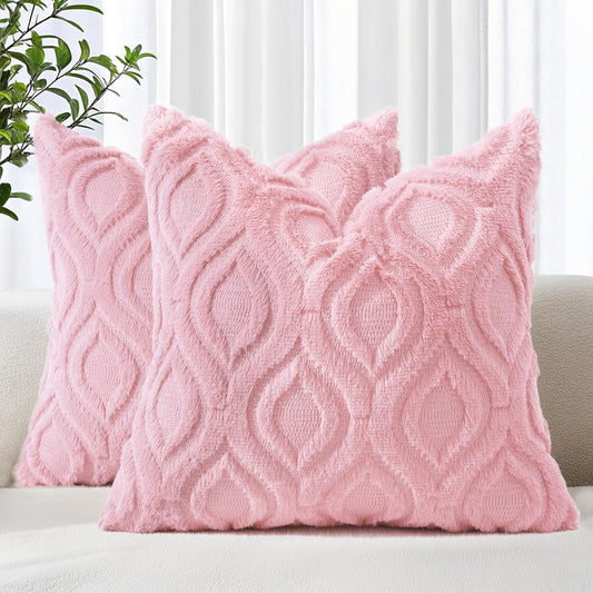 decorUhome Throw Pillow Covers 20x20 Inch Set of 2, Soft Plush Decorative Faux Fur Light Pink Solid Couch Pillow Covers, Accent Farmhouse Neutral Square Euro Pillow Cases for Sofa Bed Living Room