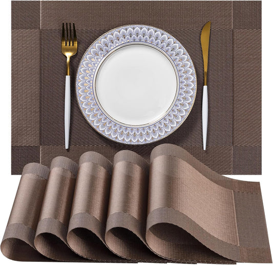 LEXMORE Placemats Set of 8 Vinyl/Plastic Woven Place Mats for Kitchen Table Indoor/Outdoor Washable Placemat Wipeable Dining Table Mats(G-Brown Cube)