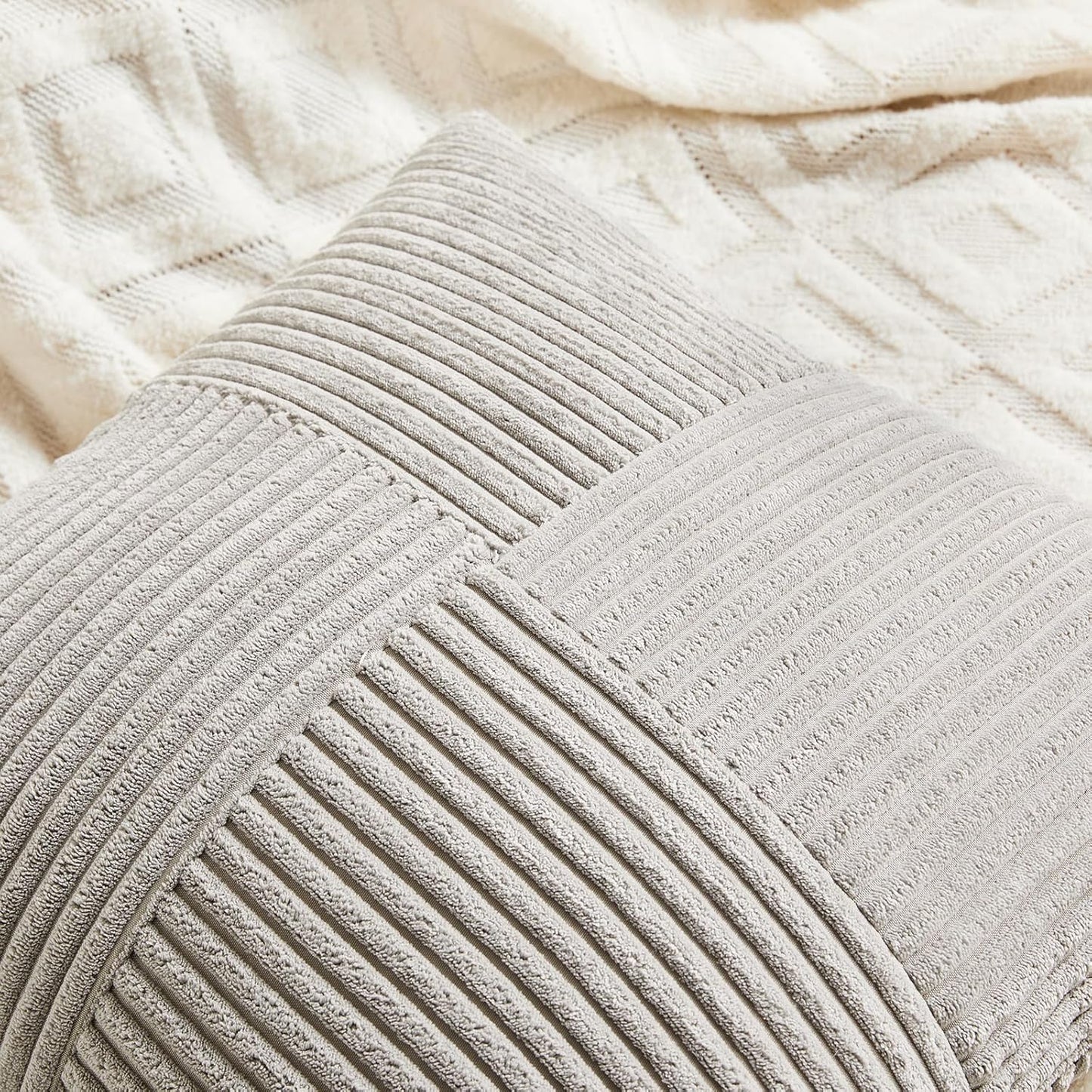 Fancy Homi 2 Packs Neutral Grey Decorative Throw Pillow Covers 22x22 Inch for Living Room Couch Bed Sofa, Rustic Farmhouse Boho Home Decor, Soft Corss Corduroy Patchwork Accent Cushion Case 55x55 cm