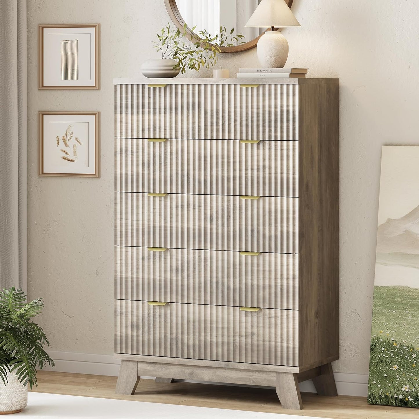 Fluted Dresser for Bedroom with 6 Drawers, 46" Tall Modern Chest of Drawers with Metal Handle, Wooden Dresser TV Stand, Wood Closet Clothes Storage Organizer for Living Room, Hallway, Grey