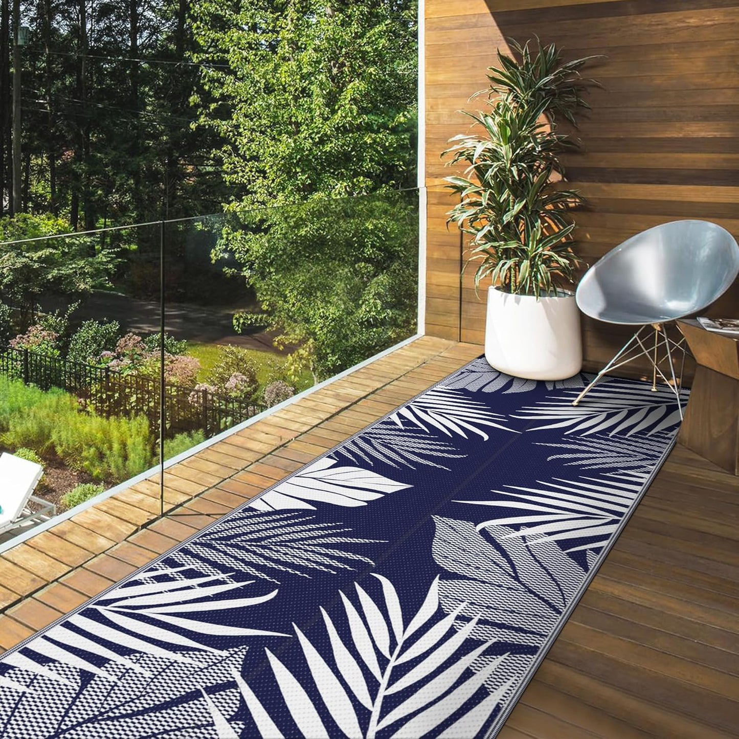 GENIMO Outdoor Rug 2.5' x 8' Waterproof for Patios Clearance, Reversible Outdoor Plastic Straw Camping Rug Carpet, Large Area Rugs Mats for RV, Camper, Deck, Balcony, Porch, Beach, Navy Blue&White