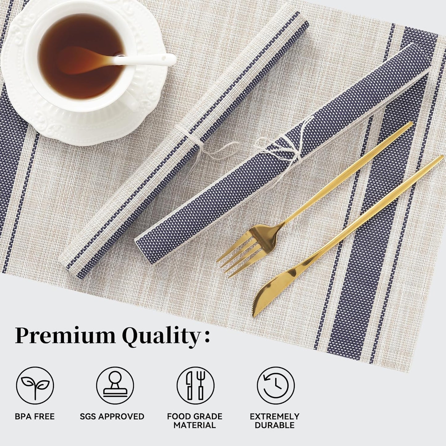 Leetaltree Khaki-Blue Placemats, Heat Resistant Non-Slip Place mats for Dining Table, Washable Durable PVC Vinyl Woven Table Mats (Set of 12)
