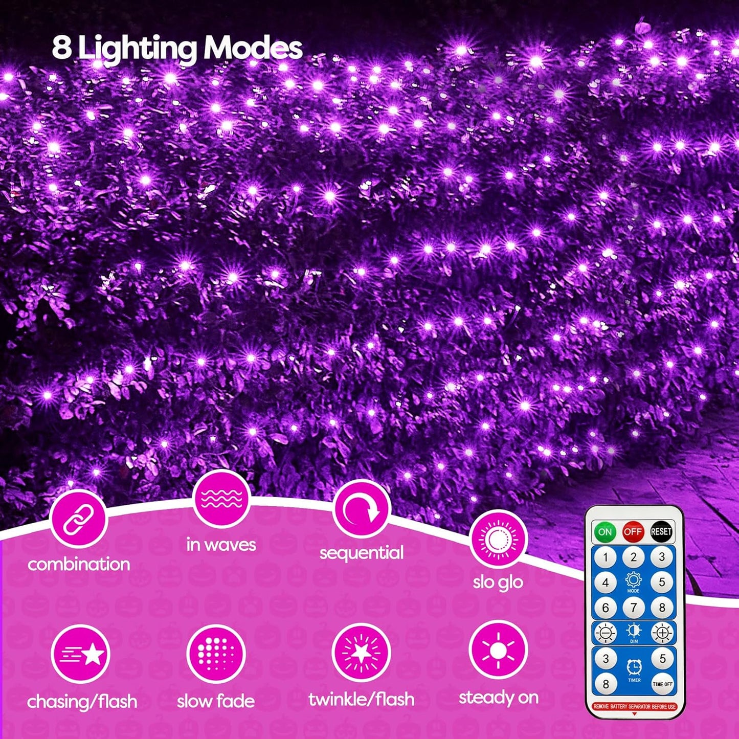 WBao Solar Halloween Lights Outdoor, 200LED 8.4ft x 5.2ft Halloween Net Lights with Remote, 8 Modes, Timer, IP65 Waterproof & Dark Green Wire for Lawn, Bushes, Trees Outdoor Decorations, Purple