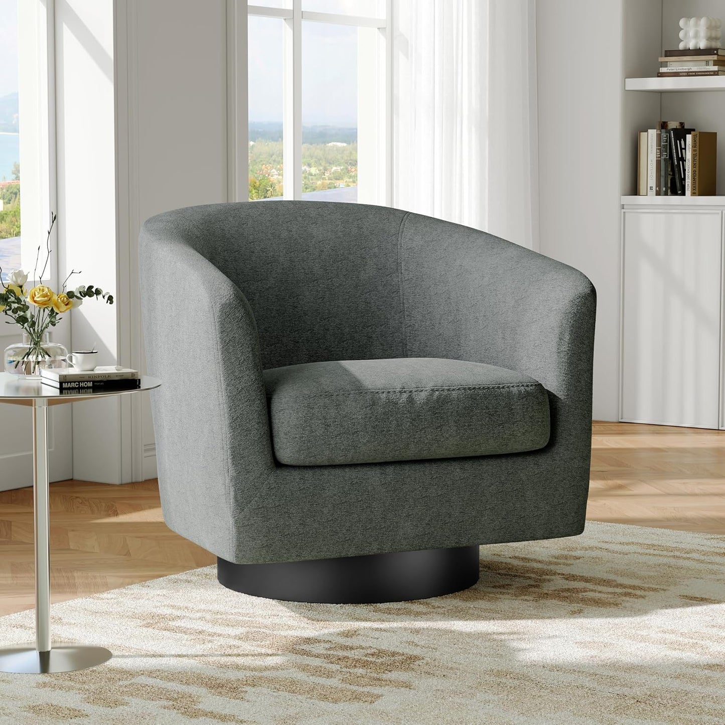 Swivel Barrel Accent Chair, Modern Round Chenille Fabric Arm Chair for Living Room, Bedroom, Comfy Club Reading Chairs for Adults（Chenille Fabric, Grey, Set of 1