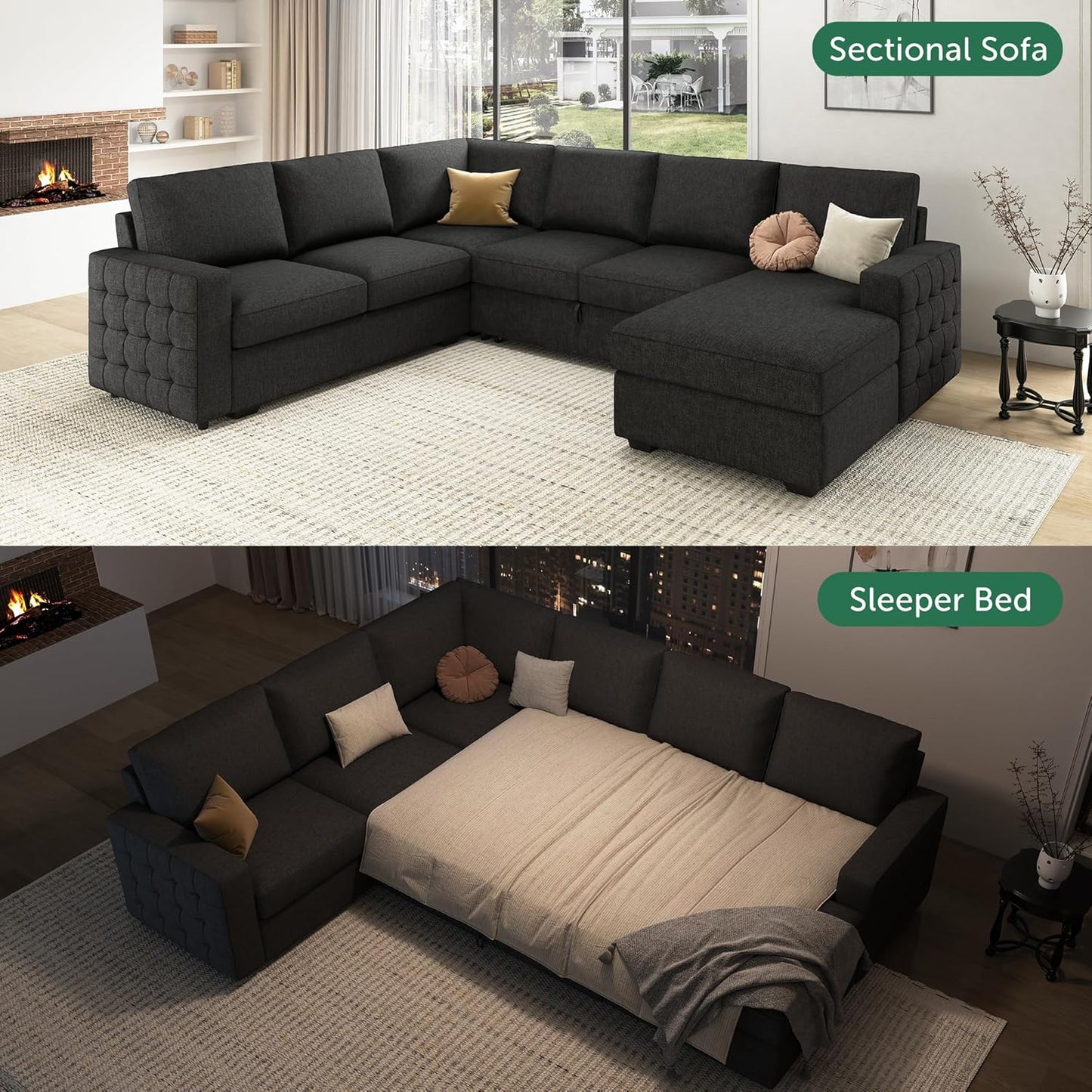 HONBAY Sectional Couch with Pull Out Bed, Sectional Sleeper Sofa with Storage, U Shape Couches for Living Room, Dark Grey