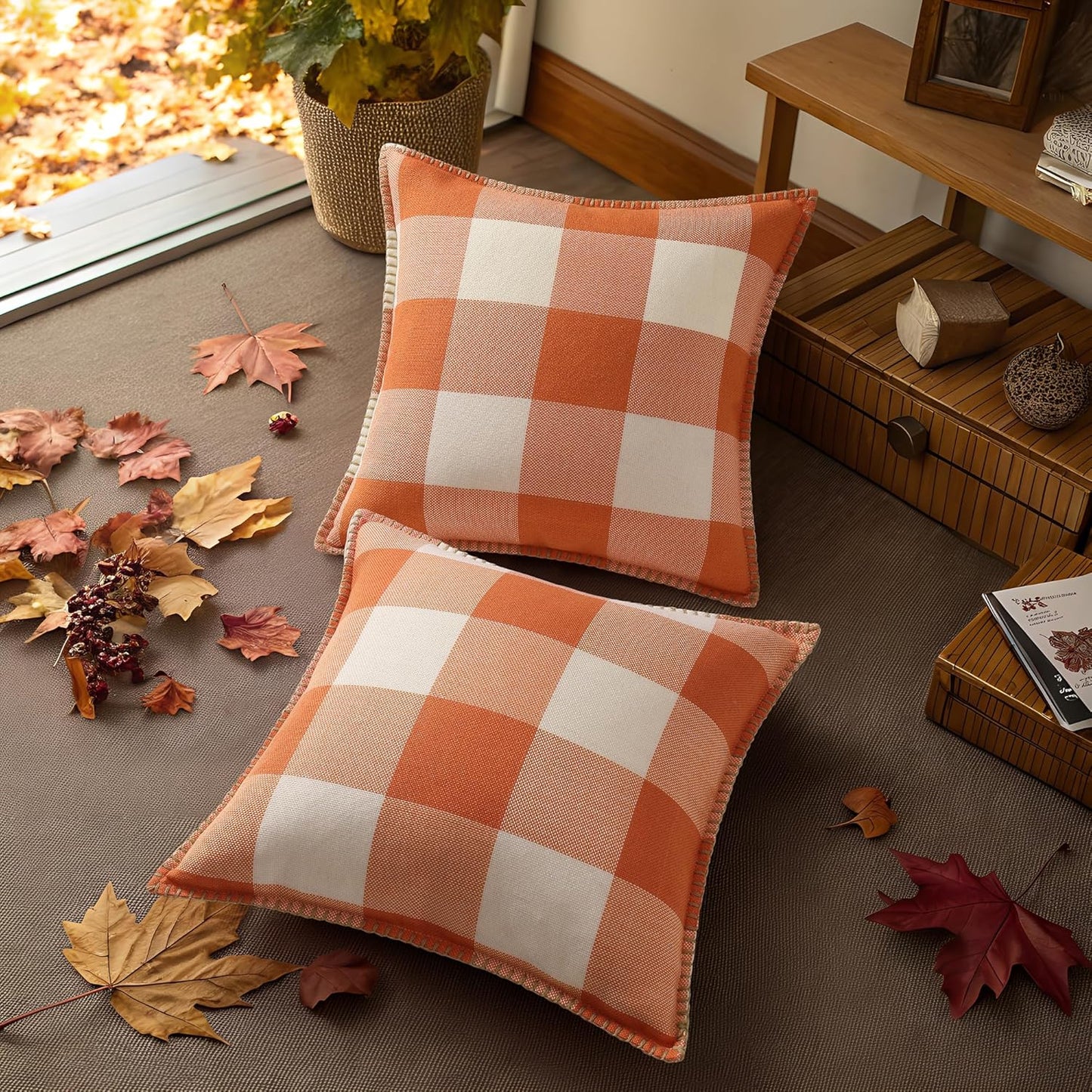 decorUhome Fall Orange and White Decorative Throw Pillow Covers 16x16 Set of 2, Buffalo Plaid Check Farmhouse Cushion Covers with Stitched Edge for Autumn Harvest Couch Sofa Bed Home Decor