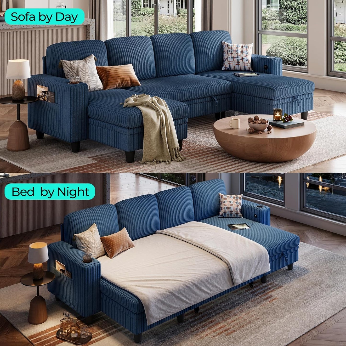 LINSY HOME Sectional Sleeper Sofa with Pull Out Couch Bed - Convertible Plush Corduroy Cloud Couch with Storage Chaise & USB Charging, Comfy U Shaped Modular Couches for Living Room, Blue