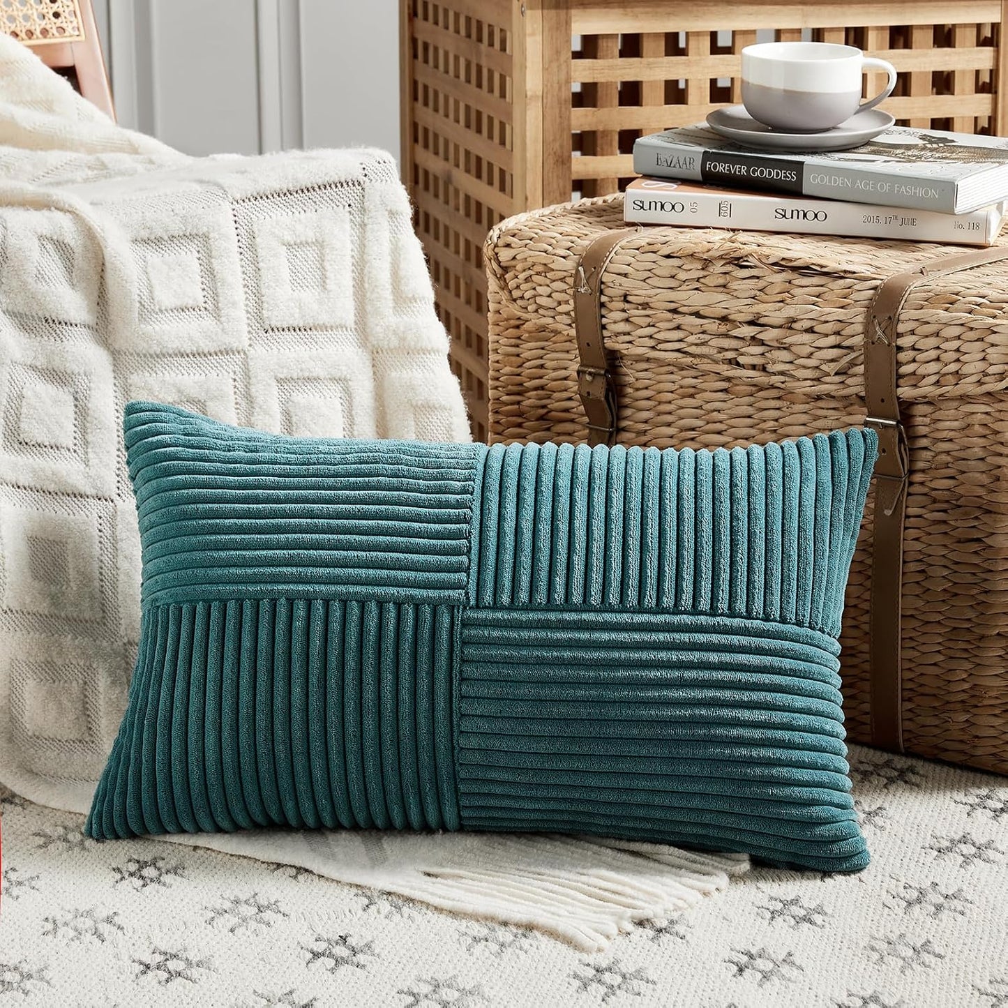 Fancy Homi 2 Packs Teal Lumbar Decorative Throw Pillow Covers 12x20 Inch for Living Room Couch Bed Sofa, Rustic Farmhouse Boho Home Decor, Soft Striped Corduroy Rectangle Accent Cushion Case 30x50 cm
