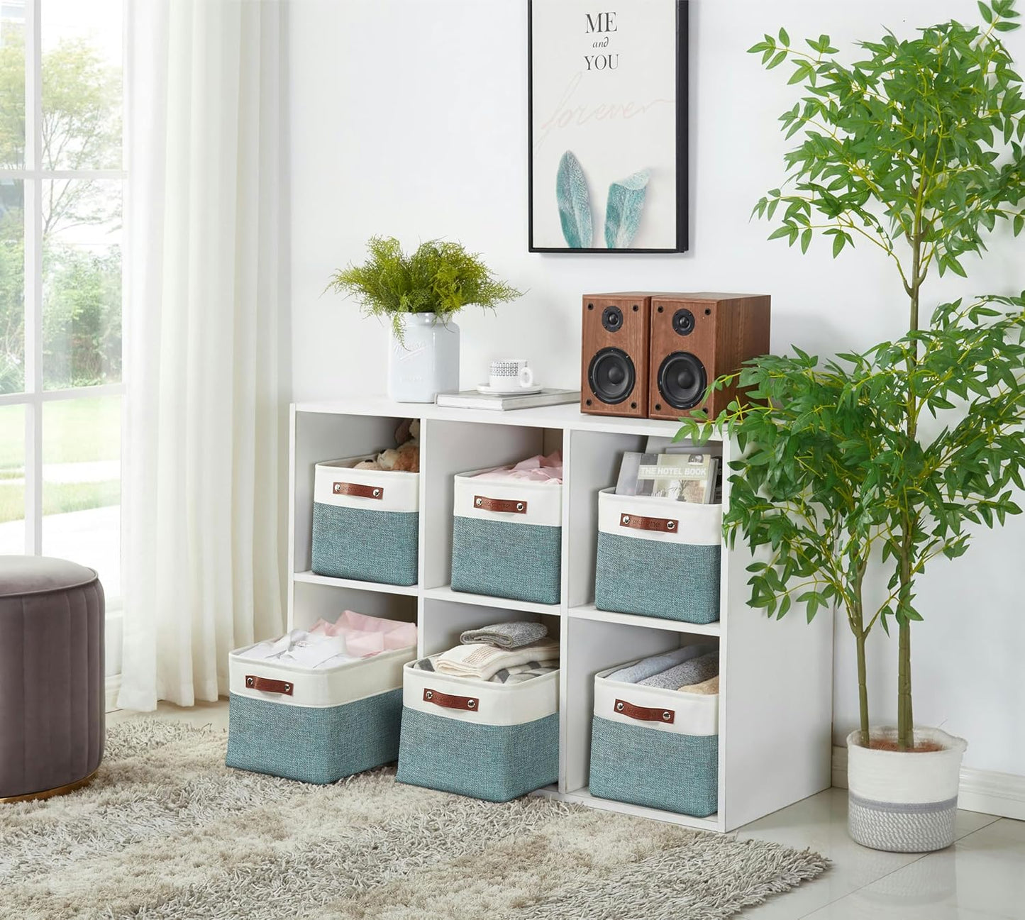 DECOMOMO Storage Baskets for Shelves - Fabric Closet Organizers and Storage Bins, Perfect Baskets for Organizing Closet Toys Nursery (Green and White, XL - 3 Pack)