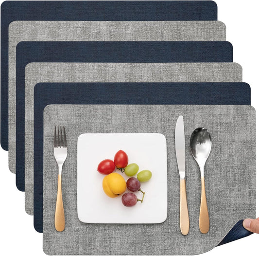 Myir JUN Placemats Dual Sided, Faux Leather Place Mats Set of 6 Indoor Placemat for Dining Table Outdoor Place Mat Manteles Individuales Square Non-Slip Washable Table Mats (Gray Blue, Set of 6)