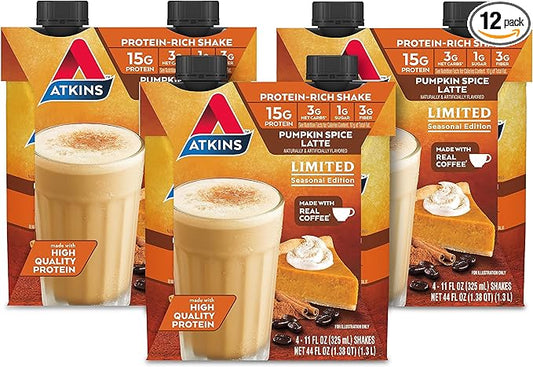 Atkins Pumpkin Spice Latte, 15g Protein, 3g Net Carbs, 1g Sugar, Low Glycemic, Keto Friendly, 12 Count