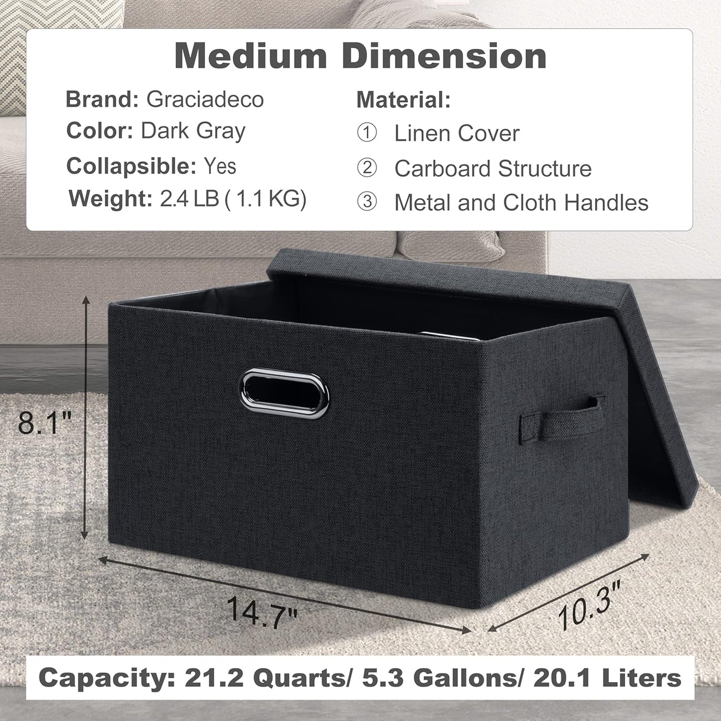 Medium 15" 21 Quart Collapsible Stackable Storage Bins with Lids, 5 Packs Dark Gray Foldable Fabric Closet Storage Boxes with Lids, Lidded Heavy-duty Linen Baskets(15x11x8)