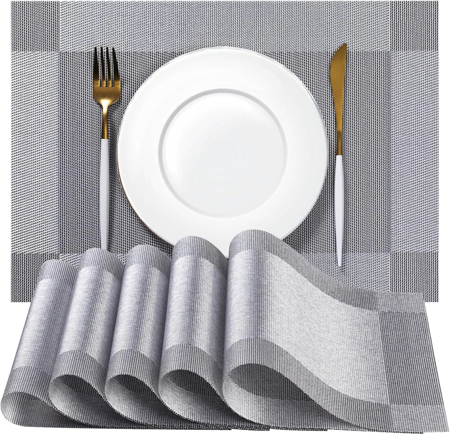 Placemats Set of 8 - Easy Clean Woven Vinyl Placemats for Dining Table, Indoor/Outdoor Place Mats, Washable PVC Table Mats （Silver Cube）