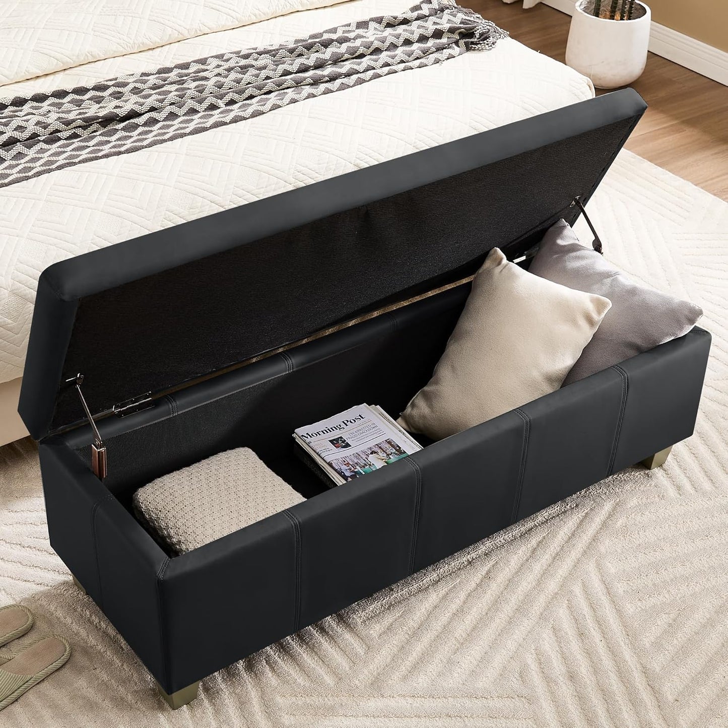 41" Faux Leather Storage Ottoman, Stitch Tufted Rectangle Upholstered End of Bed Storage Bench, Entryway Large Couch Ottoman with Wooden Legs, Dark Black