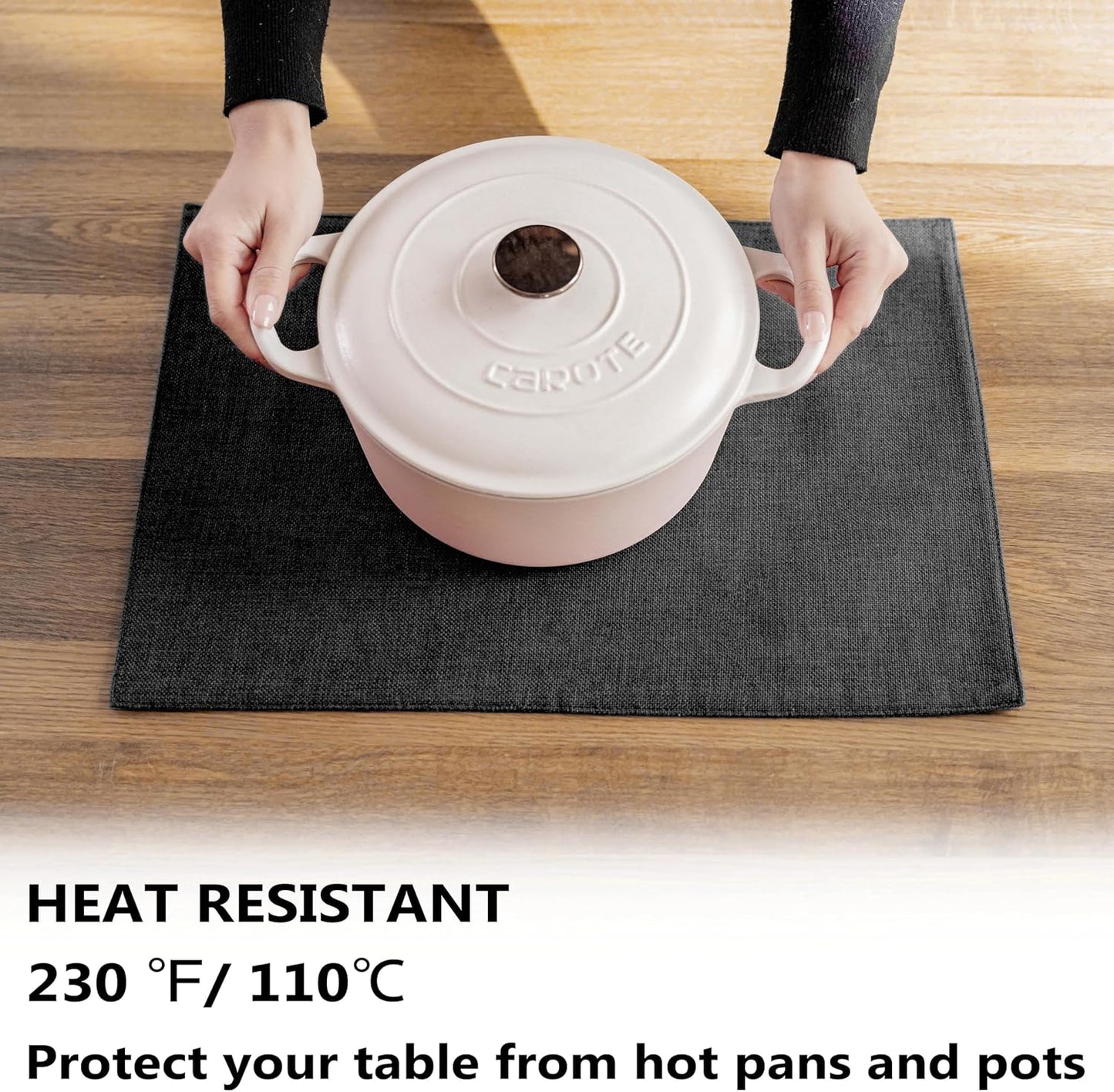 Demetex Cloth Placemats Set of 6 Black Stain Resistant Place Mats Oil Proof Washable Plate Mats for Dining Table Holiday Cafe Banquet, Black