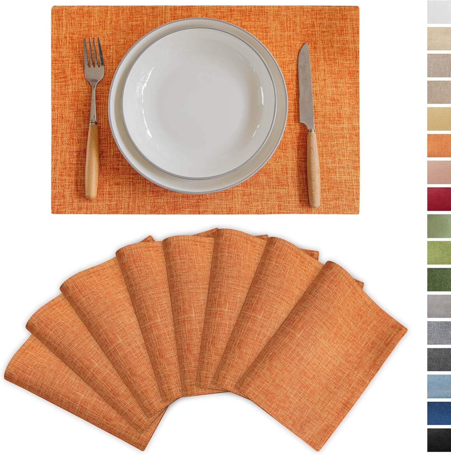 Demetex Orange Fall Placemats Set of 8 Linen Textured Fabric Place Mats Rectangle Cloth Table Mats for Thanksgiving Home Office Table Decor, 13x19 inch, Orange