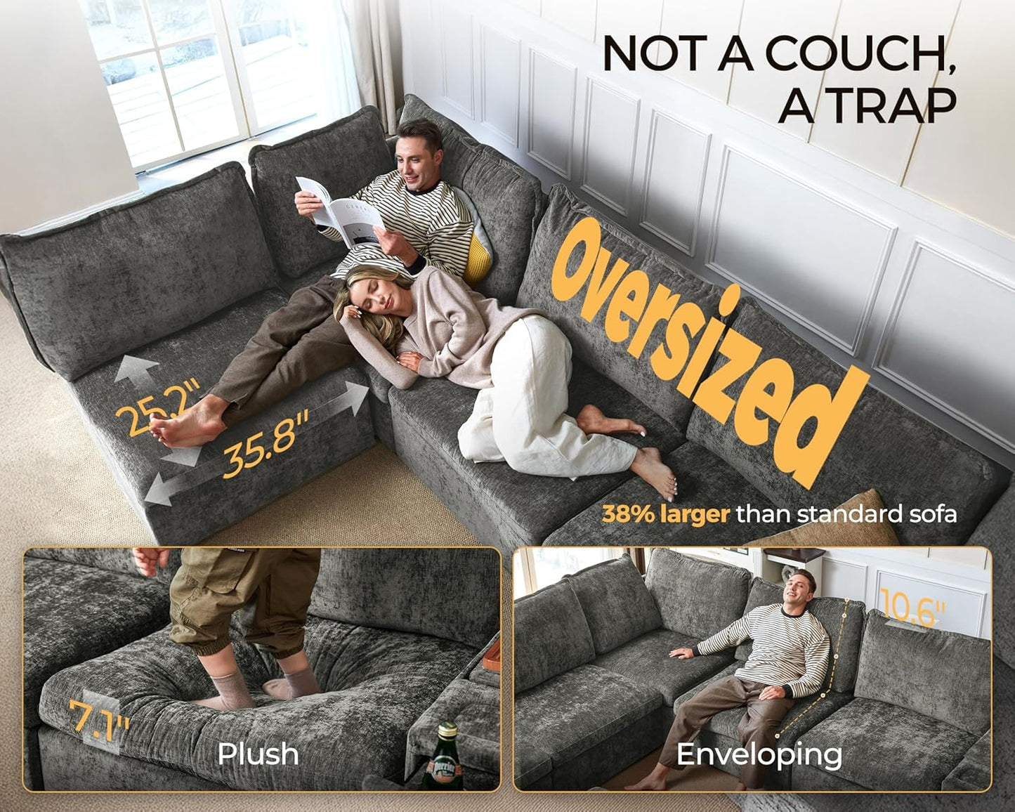 Oversized Modular Sofa Comfy Cloud Couch with Storage, Extra Deep Plush Sectional Sofa Set for Living Room, Covers Washable, Chenille, Olar (Grey, 6-Seater with 2 Corners, u-Shaped)