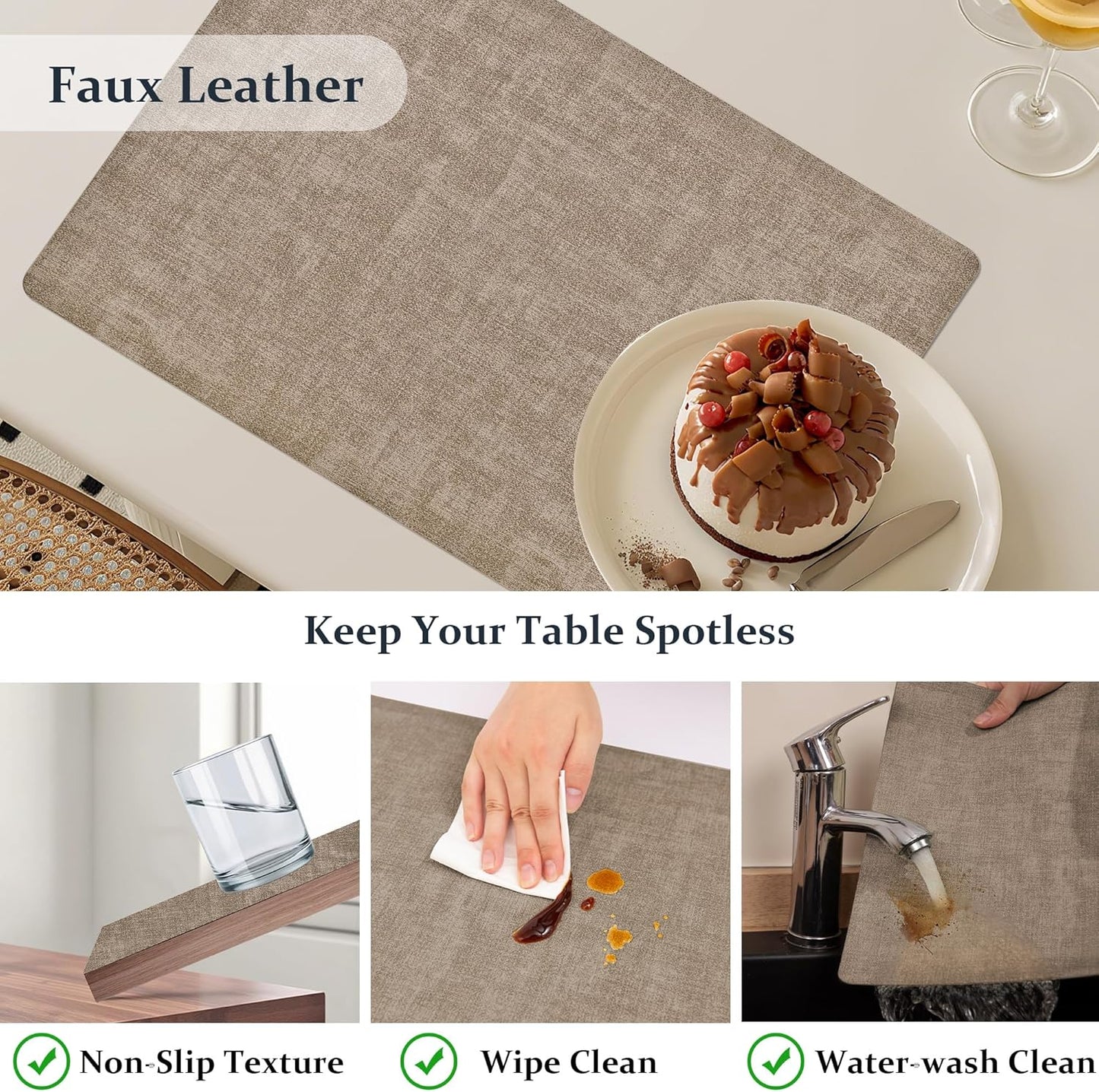 FROMHEART Faux Leather Placemats Set of 6–Waterproof,Heat/Oil Stain-Resistant PU Table Mat–Reversible,Non-Slip,Easy to Clean Place Mats for Kitchen,Dining,Indoor/Outdoor,(Light Coffee,11.8" x 17")