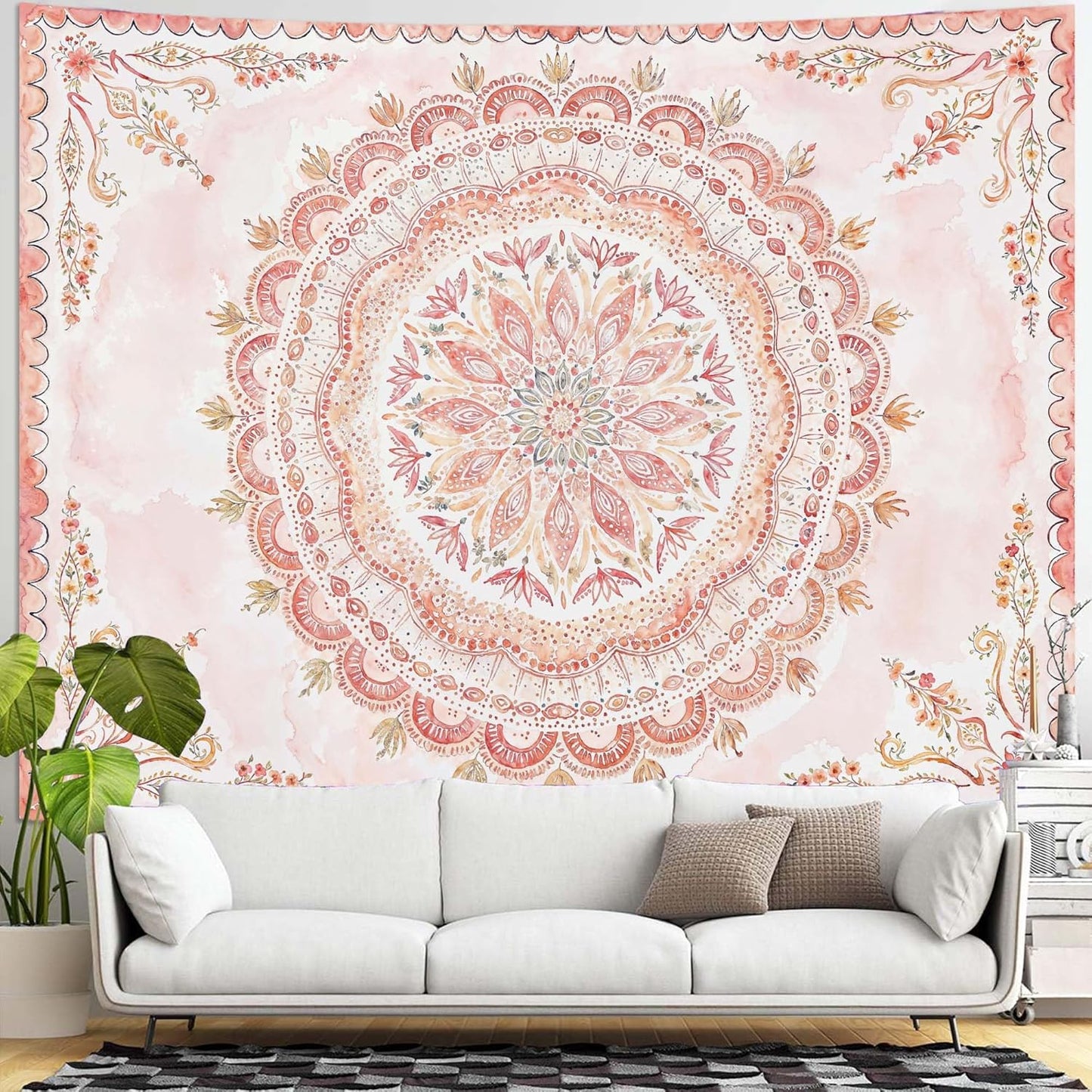 Fowocu Boho Floral Mandala Tapestry Wall Hanging Pink Bohemian Flower Medallion Tapestry Aesthetic Watercolor Hippie Indian Large Tapestries for Bedroom Living Room Dorm Decor 80 x 60 Inch