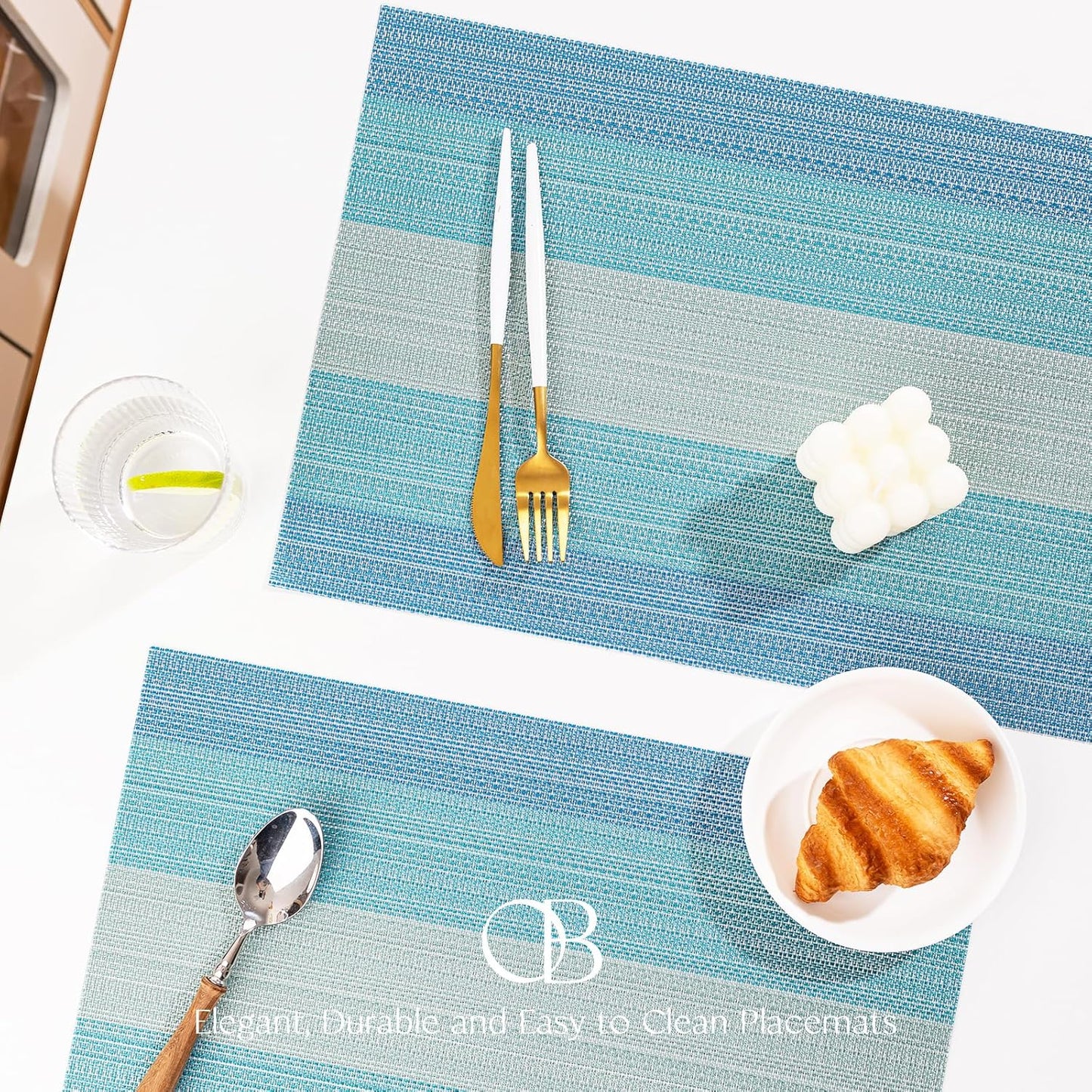 Placemats Set of 12 - Easy Clean Woven Vinyl Placemats for Dining Table, Indoor/Outdoor Place Mats, Washable PVC Table Mats（Ocean Geode）