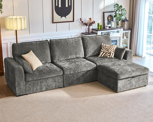 Oversized Modular Sofa Comfy Cloud Couch with Storage, Extra Deep Plush Sectional Sofa Set for Living Room, Covers Washable, Chenille, Olar (Grey, 4-Seater with Ottoman, l-Shaped)