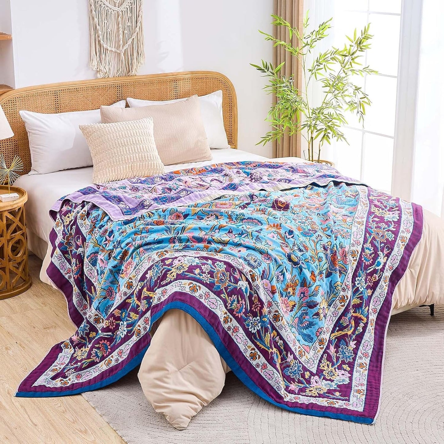 Fall Blanket for Bed, 100% Cotton Soft Rustic Boho Throw Blanket Quilt, 90"x98" Farmhouse Decor Bed Flower Blankets, Light Weight Reversible Bohemian Throw Quilt