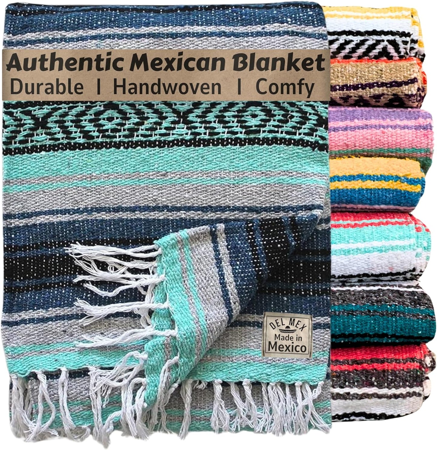 Del Mex Classic Mexican Blanket, Large Authentic Woven Falsa Throw (70"x50"), Artisan Southwest Décor for Beach, Yoga, Outdoors (Navy/Mint)