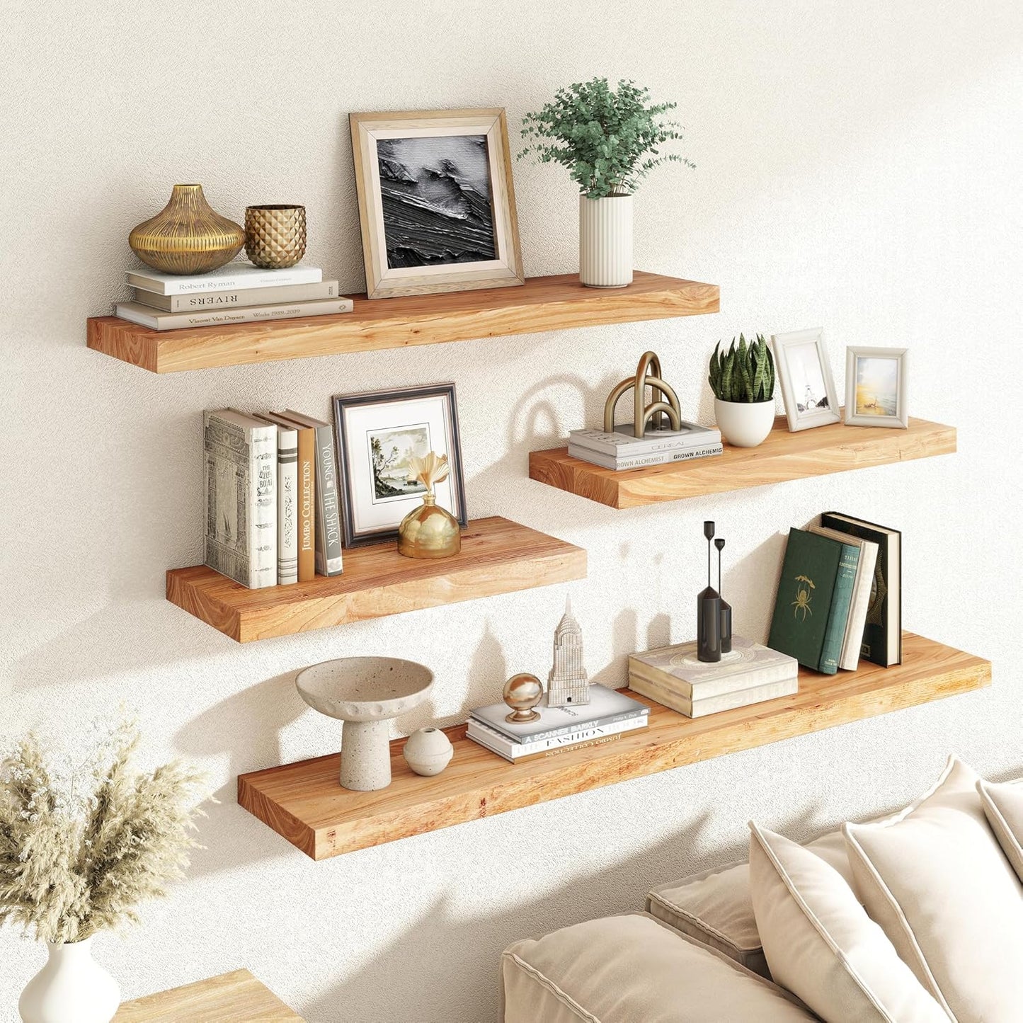 RICHFOCUS Elm Floating Shelves for Wall - 24" W x 9.3" D Rustic Solid Wood Shelves with Invisible Bracket, Wall-Mounted for Living Room, Bedroom, Kitchen Storage & Display, Set of 2, Natural