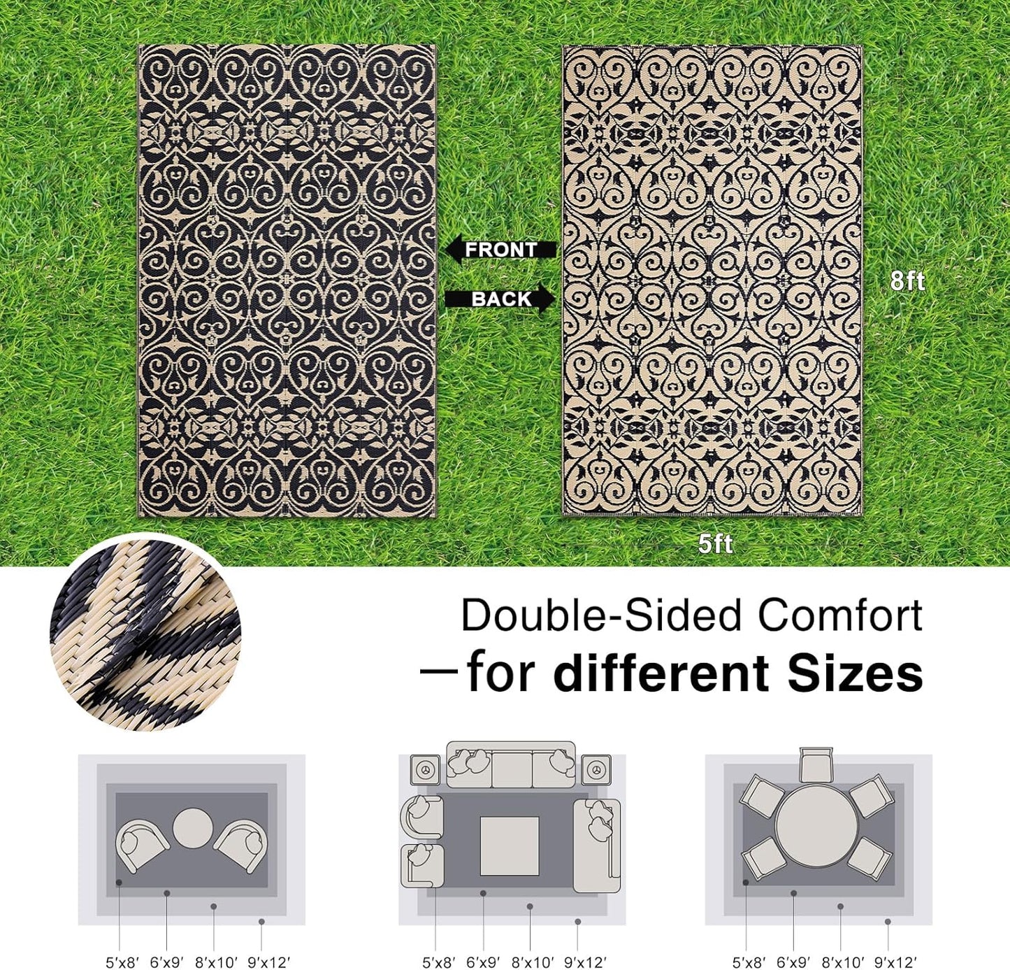 OLANLY Outdoor Rug Waterproof 5x8 ft Clearance, Reversible Outdoor Plastic Straw Rug with Floral Pattern, RV Mat for Patio, Camping, Balcony, Deck, Backyard, Black & Beige