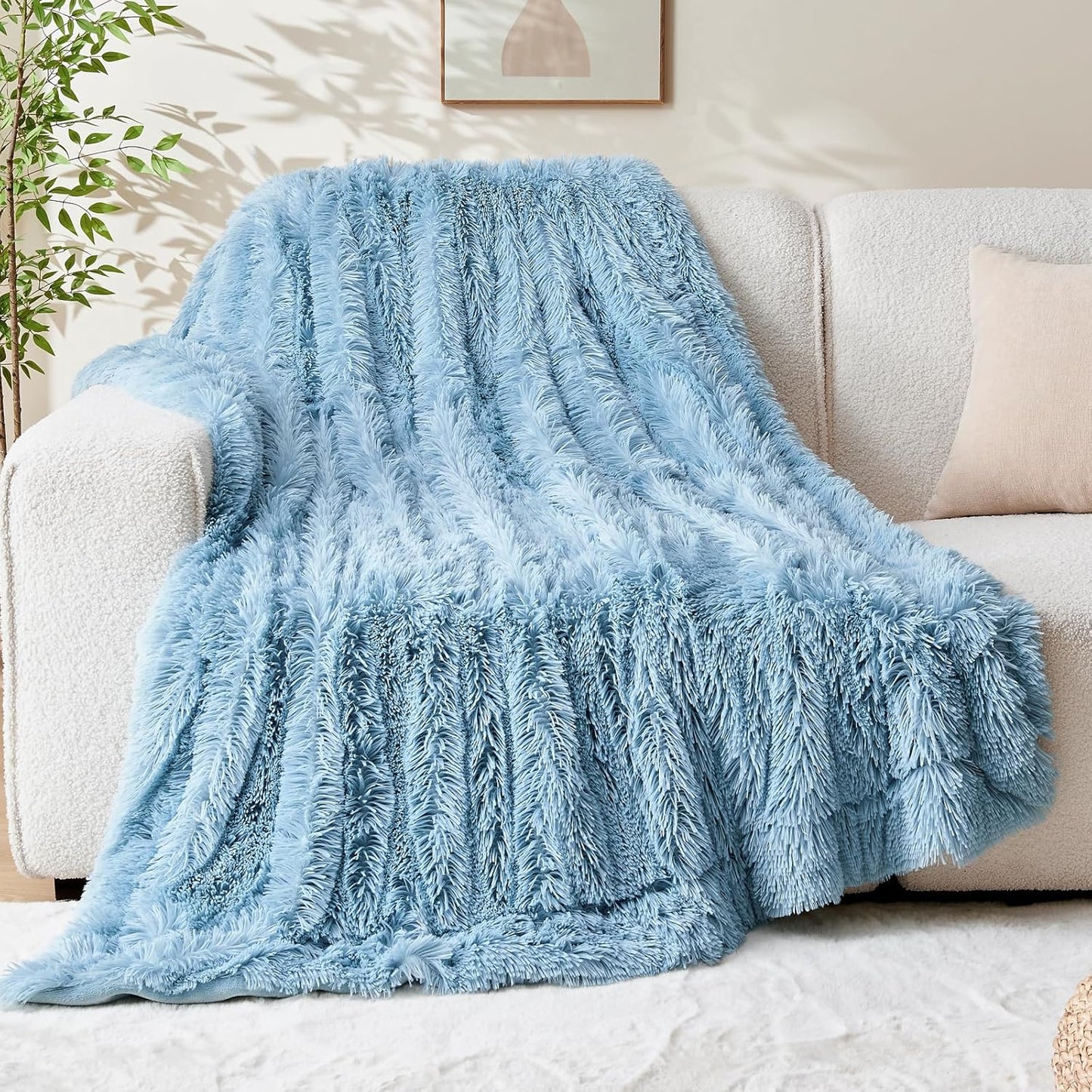 GONAAP Fuzzy Faux Fur Throw Blanket Light Blue Super Soft Cozy Plush Fuzzy Shaggy Blanket for Couch Sofa Bed (Light Blue, Throw(50"x60"))