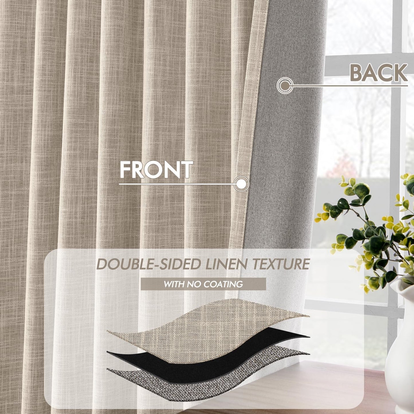 MIULEE Beige 100% Blackout Linen Curtains 80 Inch 2 Panels Set Double Sided No Coating Pleated Back Tab Black Out Long Thermal Insulated Pinch Pleat Bedroom Living Room Darkening Window Drapes
